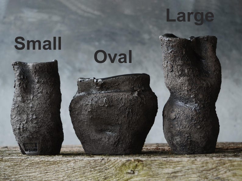 Primitive Pottery Japanese Vase, Black Minimalist Wabi Sabi, Raw Unglazed Rustic Ceramics image 2