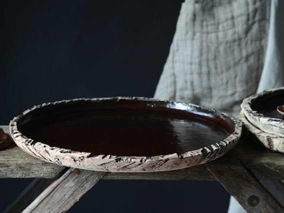 Large Serving Plate, Wabi Sabi Pottery Serving Tray, Rustic Dining Table Ceramic Plate, Farmhouse Table Centerpiece Decor