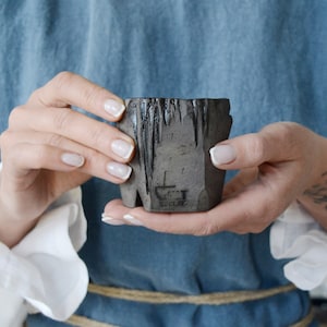 Espresso Cup, Handmade Pottery Mini Coffee Cup, Japanese Ceramics in Minimalist Black Matte, Wabi Sabi Slow Made Kurinuki