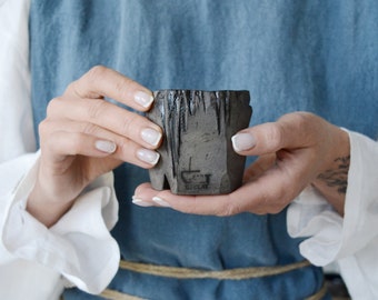 Espresso Cup, Handmade Pottery Mini Coffee Cup, Japanese Ceramics in Minimalist Black Matte, Wabi Sabi Slow Made Kurinuki