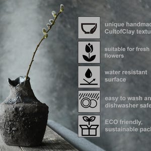 Primitive Pottery Japanese Vase, Black Minimalist Wabi Sabi, Raw Unglazed Rustic Ceramics image 3