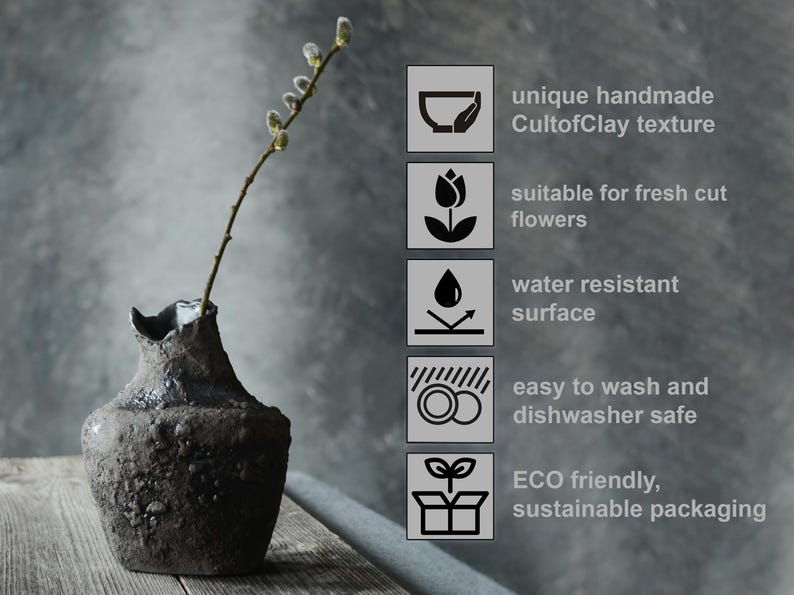 Primitive Pottery Japanese Vase, Black Minimalist Wabi Sabi, Raw Unglazed Rustic Ceramics image 3