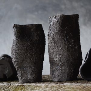 Primitive Pottery Japanese Vase, Black Minimalist Wabi Sabi, Raw Unglazed Rustic Ceramics image 5