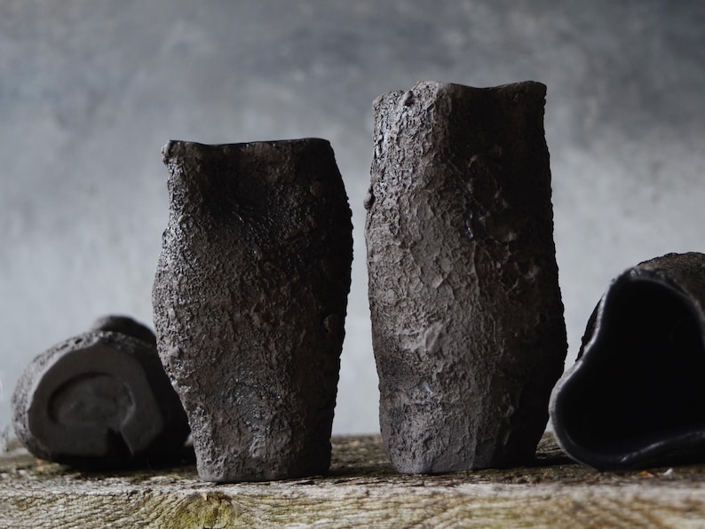 Primitive Pottery Japanese Vase, Black Minimalist Wabi Sabi, Raw Unglazed Rustic Ceramics image 5