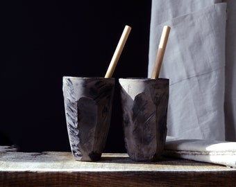 Pottery Mug Handmade, Large Tea or Coffee Cup, Modern Carved Kurinuki Tumbler, Bold Matte Black Or Red Colour
