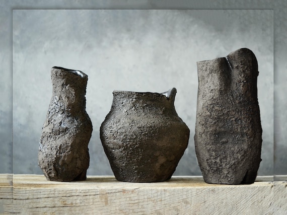 Primitive Pottery Japanese Vase, Black Minimalist Wabi Sabi, Raw Unglazed Rustic Ceramics