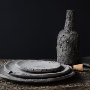 Black Ceramic Wabi Sabi Rustic Plates, Japanese Minimalist Trinket Dish, Primitive Pottery Appetizer or Snack Plate, Handmade Candle Dish image 8