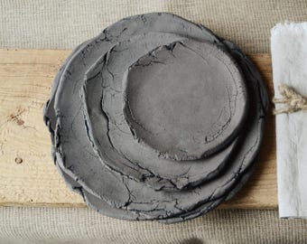 Wabi Sabi Rustic Plates from Ceramic, Japanese Minimalist Trinket Dish from Black Clay, Primitive Pottery Snack Plate, Handmade Candle Dish