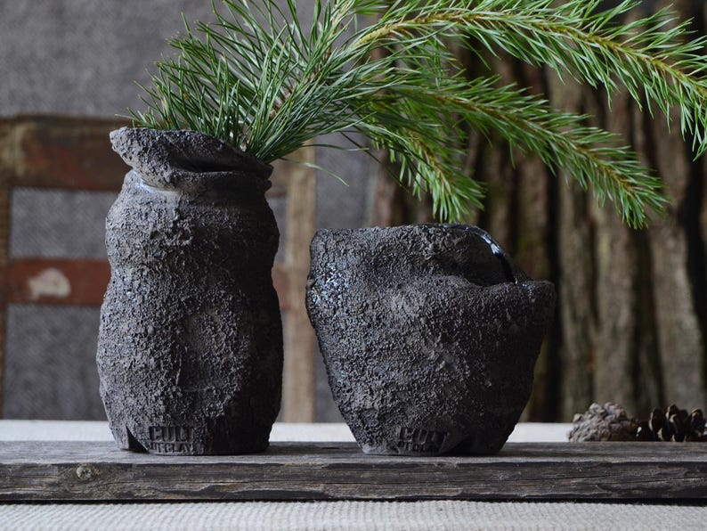 Primitive Pottery Japanese Vase, Black Minimalist Wabi Sabi, Raw Unglazed Rustic Ceramics image 4