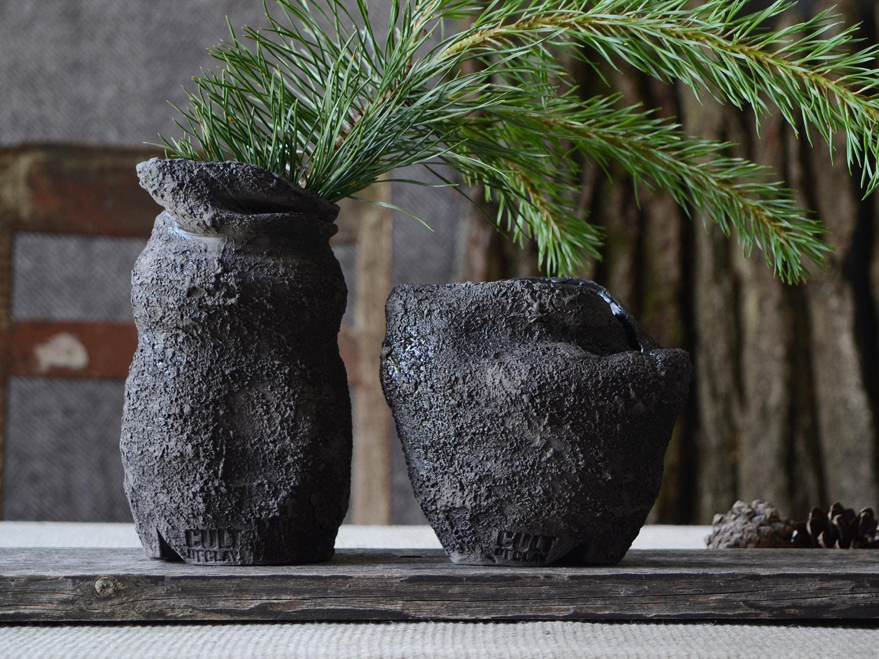 Primitive Pottery Japanese Vase, Black Minimalist Wabi Sabi, Raw