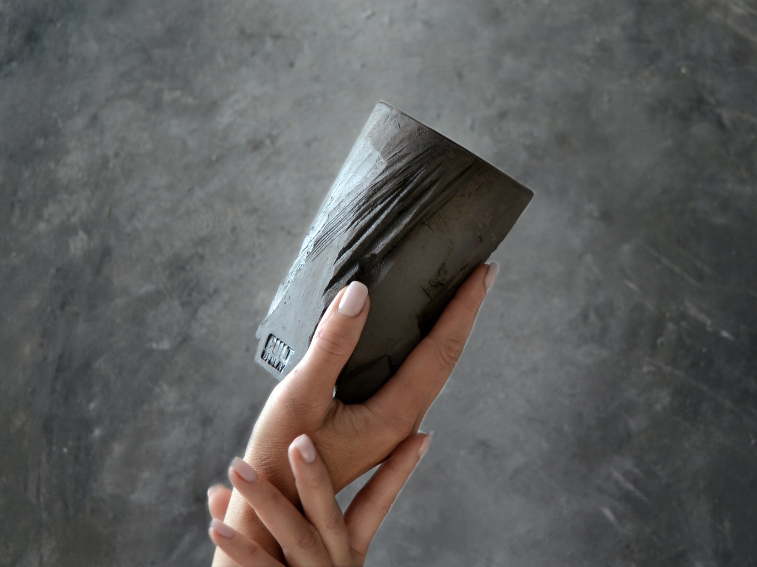 Black Bold Ceramic Coffee Cup, Japanese Kurinuki Pottery Tea Mug, Sharp Cut Matte Raw Clay Tumbler, Wabi Sabi Style Zen Seeker Gift