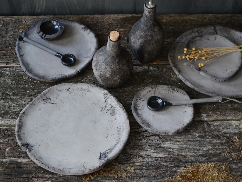 Black Ceramic Wabi Sabi Rustic Plates, Japanese Minimalist Trinket Dish, Primitive Pottery Appetizer or Snack Plate, Handmade Candle Dish image 9