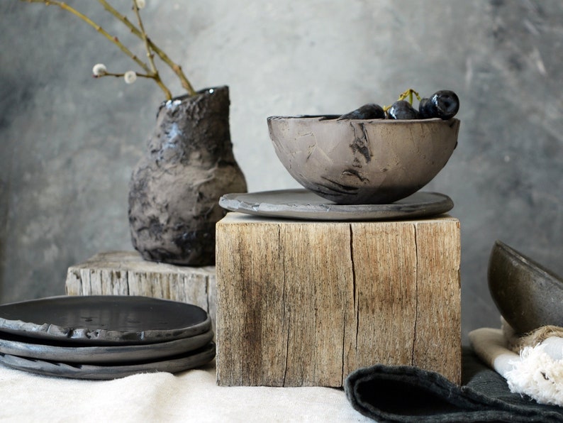 Berry Bowl with Ceramic Plate, Japanese Handmade Wabi Sabi Pottery, Rice Bowl with Trinket Dish image 6