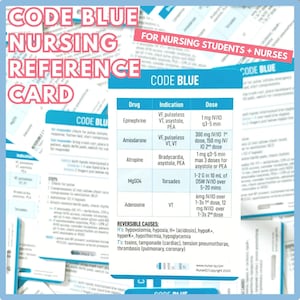 Carte de référence en soins infirmiers Code Blue pour étudiants en soins infirmiers + infirmières | RN, IAA, LVN