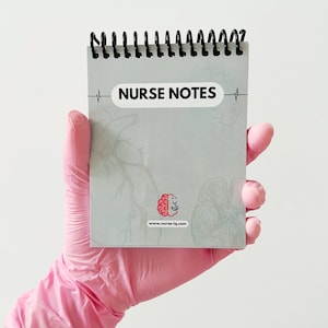 May include: A grey spiral notebook with the text "NURSE NOTES" on the front cover. The notebook has a brain and stethoscope logo and the website "www.nurse-iq.com" printed on the front cover.