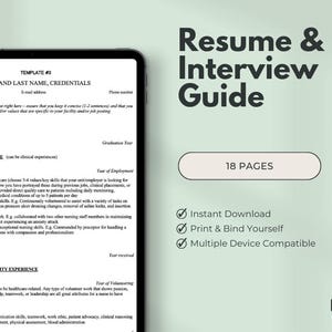 May include: A green and white digital download guide for writing resumes and preparing for job interviews. The guide is 18 pages long and includes instant download, print and bind yourself, and multiple device compatibility features. The text "Resume & Interview Guide" is in a large, bold font.