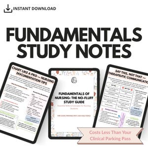 Könnte beinhalten: Ein digitaler Download für angehende Pflegekräfte mit drei Studienleitfäden mit dem Titel "Fundamentals of Nursing: The No-Fluff Study Guide". Die Leitfäden behandeln die Themen Charting, Dokumentationstipps und therapeutische Kommunikation. Der Text "Costs Less Than Your Clinical Parking Pass" befindet sich am unteren Rand des Bildes.