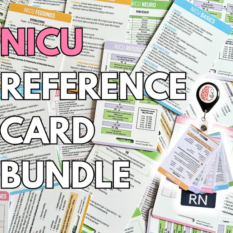 May include: A set of colorful laminated reference cards for nurses working in the Neonatal Intensive Care Unit (NICU). The cards feature a variety of topics, including feeding, pain scales, and resuscitation. The cards are organized in a bundle and have a brain icon on a lanyard.