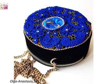 Black Round Evening Clutch: Blue Irish Lace Wedding Bag