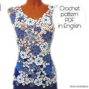 May include: A crochet top pattern in PDF format, written in English. The top is made of white and blue crocheted flowers. The pattern is available for download.