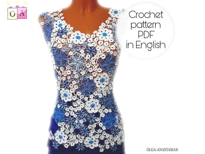 May include: A crochet top pattern in PDF format, written in English. The top is made of white and blue crocheted flowers. The pattern is available for download.