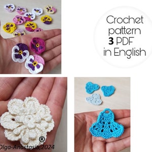 Set of 3 crochet flowers pattern - Bell crochet pattern Purple motif pattern crochet- vintage crochet - pattern crochet flower tutorial