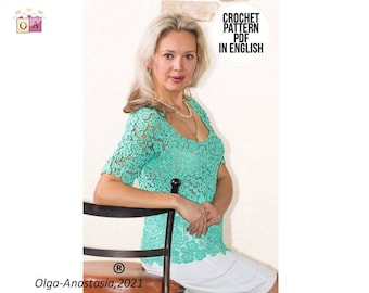 May include: A woman wearing a teal crochet top with a white skirt. The text "CROCHET PATTERN PDF IN ENGLISH" is in a white circle above her head.
