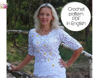 Irish Crochet Blouse Lace Pattern -crochet blouse  pattern - Daisy crochet pattern -detailed tutorial crochet -floral top for ladies pattern