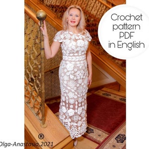 Modern Irish Lace Pattern - White Wedding Dress, Long Dress - Natural Cotton Floral Print - Crochet Flowers Pattern –crochet  tutorial lace