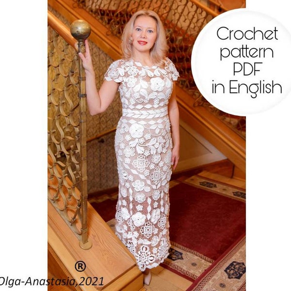 Modern Irish Lace Pattern - White Wedding Dress, Long Dress - Natural Cotton Floral Print - Crochet Flowers Pattern –crochet  tutorial lace