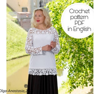 May include: A woman wearing a white crochet top with a white lace trim. The top has a crochet design on the sleeves and neckline. The text "Crochet pattern PDF in English" is visible in the image.