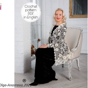 May include: A woman wearing a white crochet cardigan with a floral design, sitting on a white chair. The text "Crochet pattern PDF in English" is visible in the background.