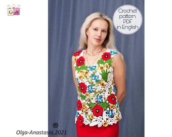May include: A crochet top with a floral design featuring red, white, blue, and yellow flowers. The top is sleeveless and has a V-neck. The model is wearing a red skirt. Crochet pattern PDF in English.