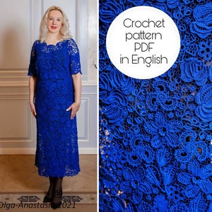 Irish lace- pattern crochet -blue wedding dress floral print for woman antique lace pdf -lace crochet wedding mom of the bride dress pattern