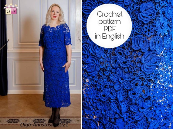 Irish Lace Pattern Crochet blue Wedding Dress Floral Print for Woman Antique Lace Pdf lace Crochet Wedding Mom of the Bride Dress Pattern Etsy Canada