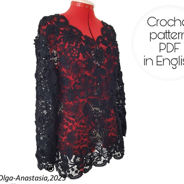 Irish Lace Blouse Crochet Pattern: Black Fiber Art Top (PDF Pattern)