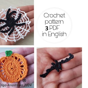 Halloween bundle crochet patterns - Spider on the web net, pumpkin and bat crochet pattern - easy crochet patterns detailed tutorial crochet