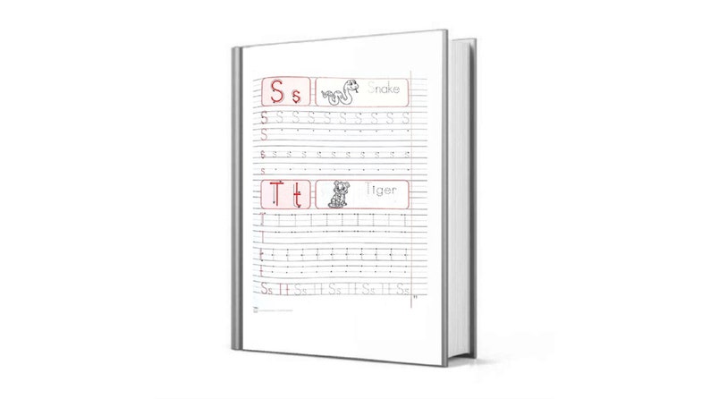 May include: A workbook with lined pages for practising writing the letters S and T. The pages include a picture of a snake and the word "snake" and a picture of a tiger and the word "tiger".