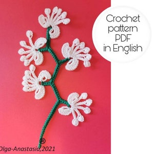 Crochet pattern - white flower - irish lace- motif 3D flowers -easy crochet pattern- detailed tutorial crochet -crochet branch for beginners