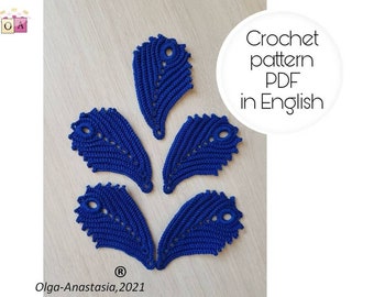 Sew on crochet applique -Leaf Feather crochet pattern -Applique Leaf crochet pattern- Irish lace motif crochet, antique detailed tutorial