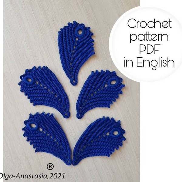 Sew on crochet applique -Leaf Feather crochet pattern -Applique Leaf crochet pattern- Irish lace motif crochet, antique detailed tutorial