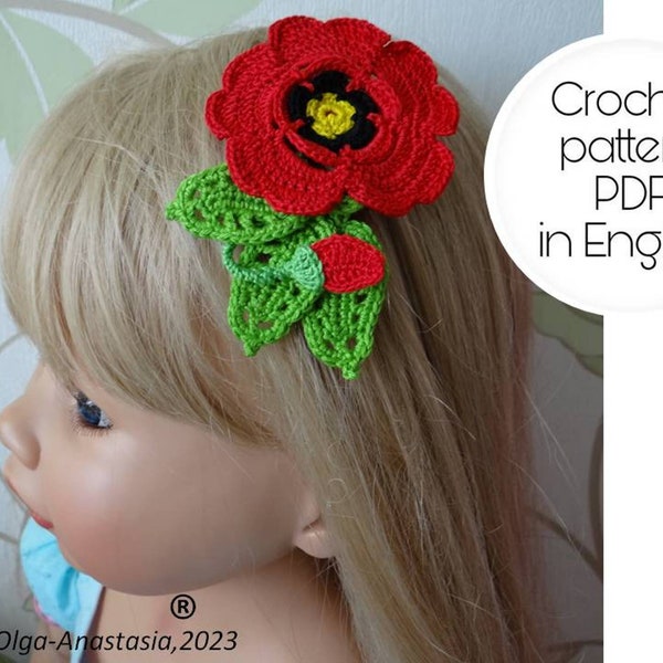 Épingle à cheveux coquelicot fleurs et feuilles crochet motif-motif dentelle 3D crochet motif- crochet motif fleur de coquelicot tutoriel pdf broche coquelicot