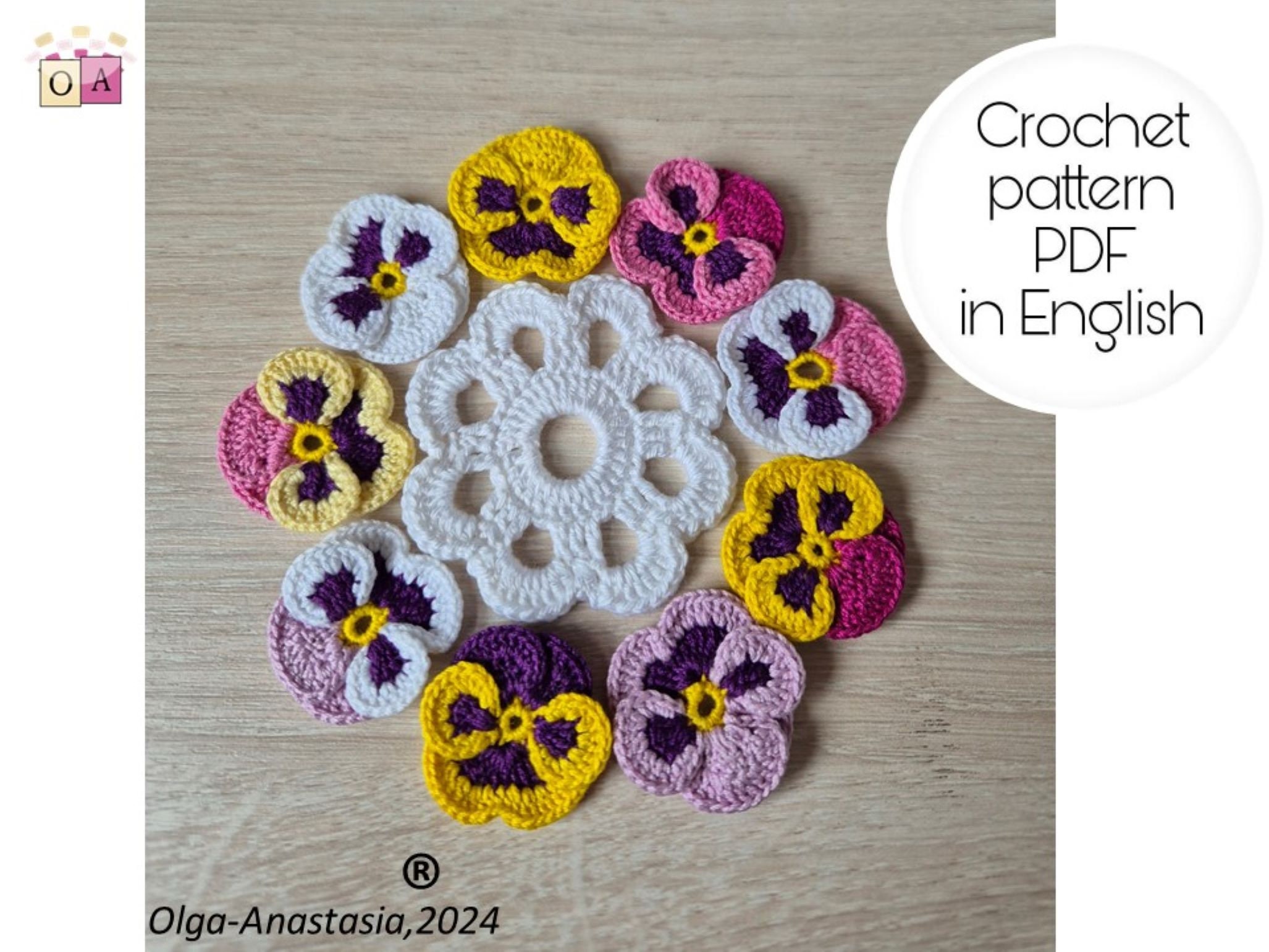 ヴィンテージパンジードイリーかぎ針編みパターン：花柄ウォールアート