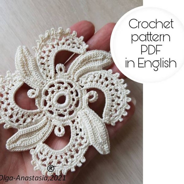 Irish lace motif - crochet  motif  pattern , antique motif square-motif 3D crochet pattern - detailed tutorial crochet -vintage crochet lace