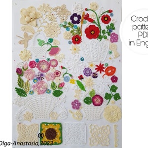 May include: A collection of crocheted flowers, baskets, and other designs in various colors, including white, red, pink, green, and yellow. The designs are arranged on a white background. The text "Crochet pattern PDF in English" is visible in the upper right corner of the image. The text "Olga-Anastasia, 2023" is visible in the lower left corner of the image.