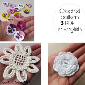 Set of 3 crochet flowers pattern - Purple motif pattern crochet- vintage crochet - pattern crochet flower tutorial - sunflower motif pattern