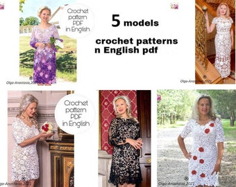 Crochet pattern dress- Irish lace- 5 models dress pattern- crochet pattern - motif 3D crochet pattern- crochet tutorial -crochet instruction