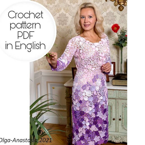 Irish Crochet Lace Pattern Dress- Lilac Wedding Dress- detailed tutorial crochet pattern- vintage crochet- bridal dress crochet instruction