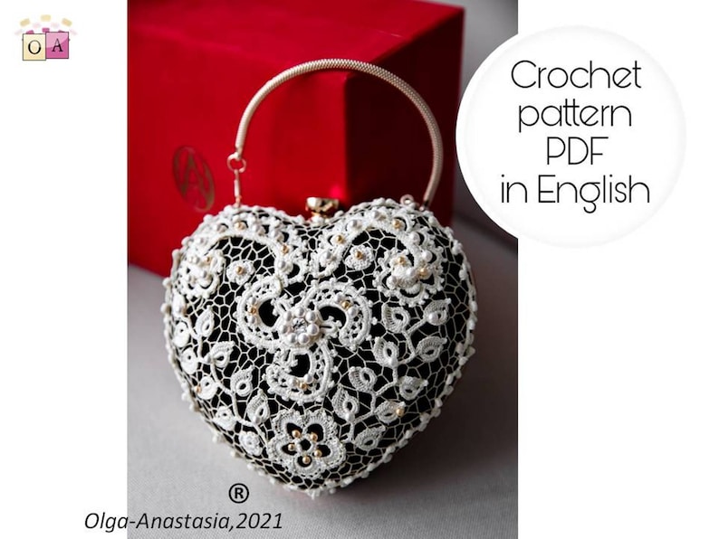 Bag crochet pattern Irish lace motif crochet crochet tutorial Evening bag pattern detailed tutorial Heart bag Wedding bag decor lace image 1