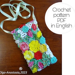 case for glasses in Irish Crochet lace Pattern -small bag for cell phone crochet tutorial lesson - crossbody phone purse Irish crochet PDF